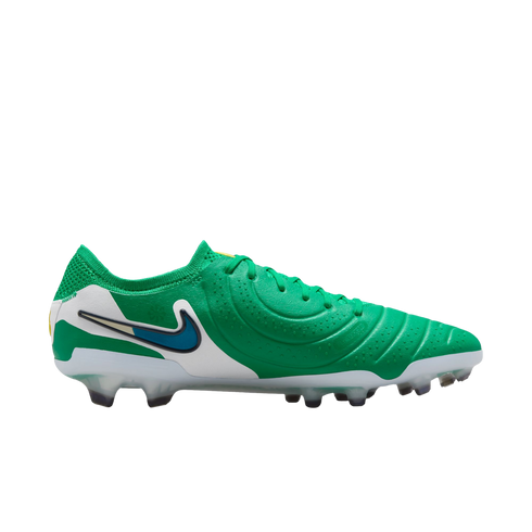 A green and white Nike Tiempo Legend 10 soccer cleat with a blue swoosh logo, shown from the side against a white background.