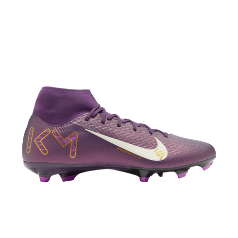 Kylian Mbappé Nike Mercurial soccer cleat in purple with a white swoosh and gold "KM" branding. Features a textured upper and high-top Dynamic Fit collar.