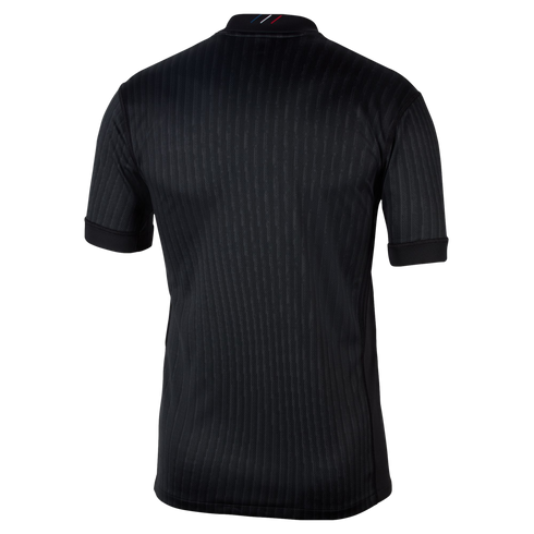 Back view of a black t-shirt with vertical textured stripes and a small tricolor detail on the back collar, isolated on a black background.
