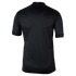 Back view of a black t-shirt with vertical textured stripes and a small tricolor detail on the back collar, isolated on a black background.