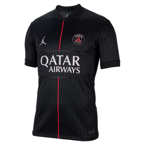Black Jordan Brand PSG soccer jersey featuring a thin vertical red stripe, the club crest, a white Jumpman logo, and the Qatar Airways sponsor across the chest.
