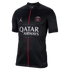 Black Jordan Brand PSG soccer jersey featuring a thin vertical red stripe, the club crest, a white Jumpman logo, and the Qatar Airways sponsor across the chest.