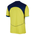 Back view of a yellow short-sleeved jersey with a navy blue upper panel, blue sleeve trim, and a thin V-shaped line near the hem. Set against a black background.