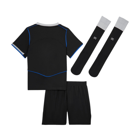 A three-piece black football kit featuring the back of a jersey with blue trim and white collar, matching shorts, and black socks with white tops and "CFC" branding.