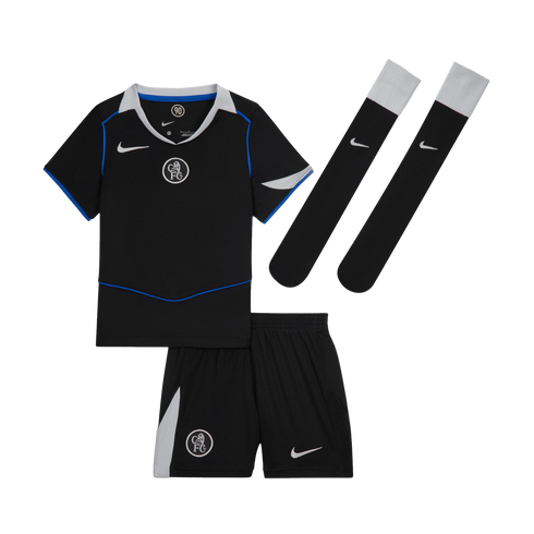 Kids' black Nike Chelsea FC football kit featuring a jersey, shorts, and socks with blue and silver accents, showcasing the club crest and white Nike logos.