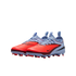 Pair of light blue and bright orange Nike soccer cleats with textured uppers and orange studs, set against a solid black background.