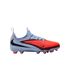 Light blue and bright orange Nike soccer cleat shown in profile against a black background. A large black Nike swoosh is on the heel and a smaller black swoosh is on the toe.