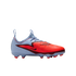 A profile shot of a Nike soccer cleat with light blue, bright red, and dark burgundy accents, set against a solid black background.