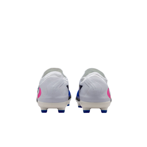Rear view of white soccer cleats with blue and pink accents on a black background.