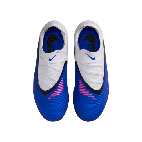 Top-down view of blue and white Nike soccer cleats featuring pink diagonal stripes, white laces, and blue insoles on a black background.
