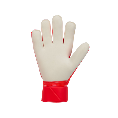 Palm view of a goalkeeper glove with cream-colored padding and a red wrist strap against a black background.