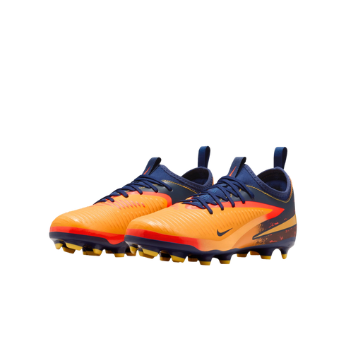 Pair of orange and navy Nike soccer cleats with yellow studs, shown against a solid black background.