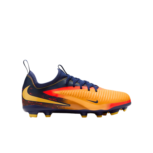 Side-profile of a Nike soccer cleat with a blue and orange colorway, yellow swoosh accents, and textured upper, set against a solid black background.