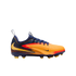 Side-profile of a Nike soccer cleat with a blue and orange colorway, yellow swoosh accents, and textured upper, set against a solid black background.