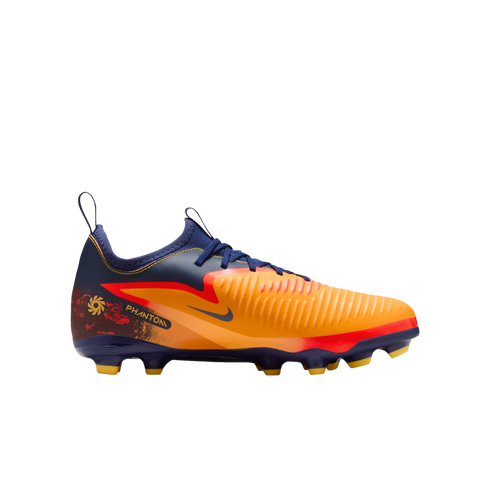 Nike Phantom soccer cleat in orange and navy blue with red accents. Features a ridged upper, navy sock-like collar, and yellow studs on a black background.