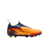 Nike Phantom soccer cleat in orange and navy blue with red accents. Features a ridged upper, navy sock-like collar, and yellow studs on a black background.
