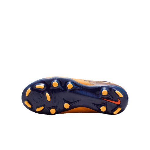 The underside of a Nike soccer cleat showing the navy blue outsole, bright orange traction studs, and circular Nike Cyclone 360 pattern.