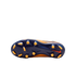 The underside of a Nike soccer cleat showing the navy blue outsole, bright orange traction studs, and circular Nike Cyclone 360 pattern.