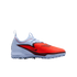 Side view of a light blue and bright orange Nike Phantom turf soccer shoe with a ribbed forefoot and dark red accents, shown against a solid black background.