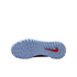 Sole of a light blue Nike sports shoe against a black background, showing a high-traction lug pattern and a red Nike swoosh logo on the heel.