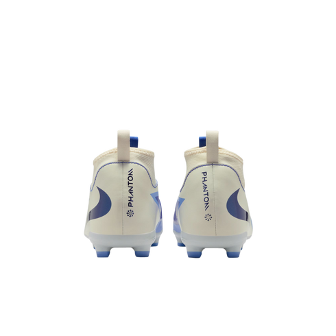 Rear view of a pair of off-white Nike Phantom soccer cleats with blue accents and studs, set against a solid black background.