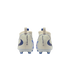 Rear view of a pair of off-white Nike Phantom soccer cleats with blue accents and studs, set against a solid black background.