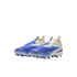 A pair of blue and white Nike kids' laceless soccer cleats with yellow accents, set against a black background.