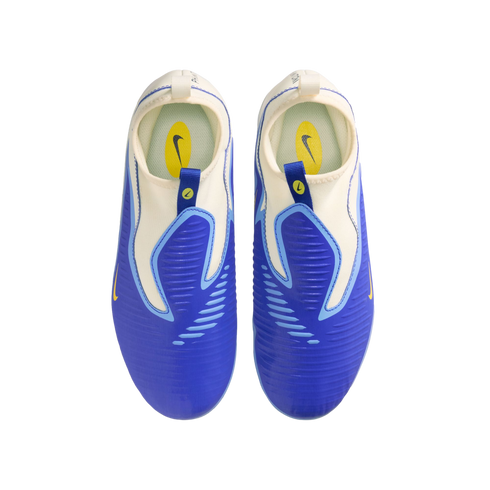 Top-down view of blue and white Nike slip-on shoes with yellow accents on a black background.