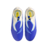 Top-down view of blue and white Nike slip-on shoes with yellow accents on a black background.