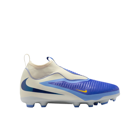 Side view of a blue and off-white Nike soccer cleat with a laceless design, textured upper, and signature swoosh logos.