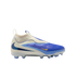 Side view of a blue and off-white Nike soccer cleat with a laceless design, textured upper, and signature swoosh logos.