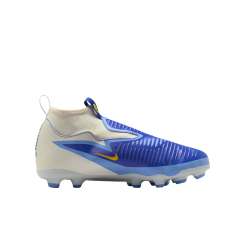 Side view of a blue and white laceless Nike Phantom soccer boot featuring a yellow swoosh on a black background.