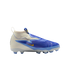 Side view of a blue and white laceless Nike Phantom soccer boot featuring a yellow swoosh on a black background.