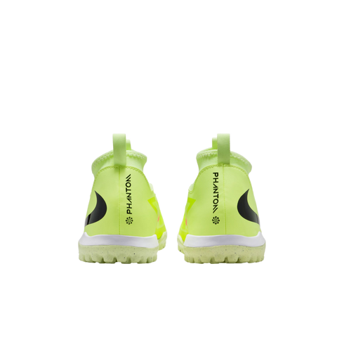 Rear view of neon yellow Nike Phantom soccer shoes with black logos, white midsoles, and lime green textured outsoles against a solid black background.