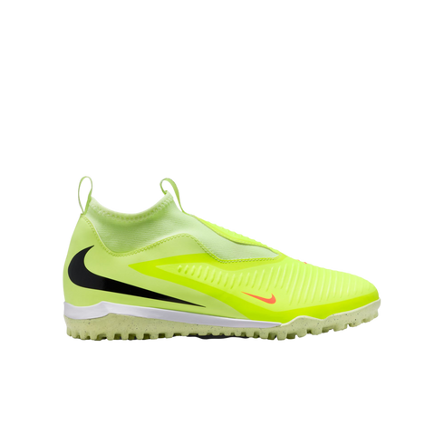 A bright neon yellow laceless Nike turf soccer shoe featuring a large black swoosh on the side and a textured rubber outsole.