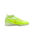 A neon yellow Nike Phantom soccer shoe for turf surfaces, featuring a sock-like collar, textured upper, and orange accents on a black background.