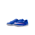 Blue Nike Mercurial indoor soccer shoes for toddlers with a white swoosh, pink trim, and hook-and-loop strap, shown on a black background.
