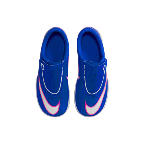 Top-down view of blue kids' Nike Mercurial soccer shoes on a black background. The shoes feature white swooshes with pink outlines and a laceless design.