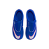 Top-down view of blue kids' Nike Mercurial soccer shoes on a black background. The shoes feature white swooshes with pink outlines and a laceless design.