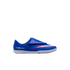 Blue Nike Mercurial soccer shoe for kids with a velcro strap and pink and white graphic detail on a white rubber sole.