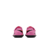 Rear view of a pair of pink Nike Mercurial soccer shoes with black and orange graphics, set against a solid black background.