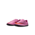 A pair of pink toddler Nike Mercurial indoor soccer shoes with orange swooshes and black soles, isolated on a black background.
