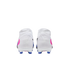Rear view of a pair of white soccer cleats with pink and blue accents, isolated on a black background.