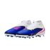 Nike Phantom soccer cleats in blue, white, and pink with a sock-like collar, shown against a black background.