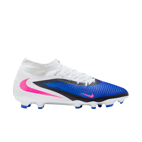 Nike soccer cleat featuring a white heel, blue textured forefoot, black accent stripe, and pink Nike swooshes, shown in profile against a black background.