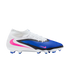 Nike soccer cleat featuring a white heel, blue textured forefoot, black accent stripe, and pink Nike swooshes, shown in profile against a black background.