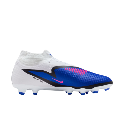 Side profile of a Nike Phantom soccer boot featuring a white, blue, and black design with pink accents and a white cleated sole, shown against a solid black background.