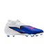 Side profile of a Nike Phantom soccer boot featuring a white, blue, and black design with pink accents and a white cleated sole, shown against a solid black background.