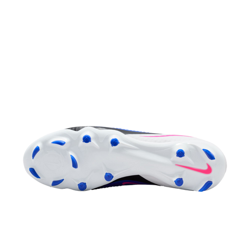 Underside view of a white Nike soccer cleat featuring blue studs and a pink swoosh logo against a solid black background.