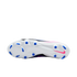 Underside view of a white Nike soccer cleat featuring blue studs and a pink swoosh logo against a solid black background.